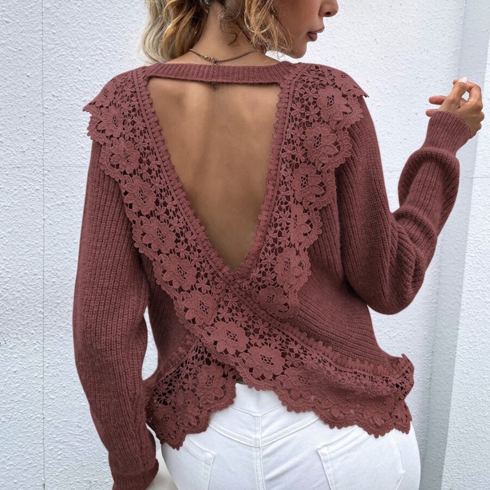 Cozy Grey Floral Embroidered Oversized Lace Sweater - Picture 2 of 7